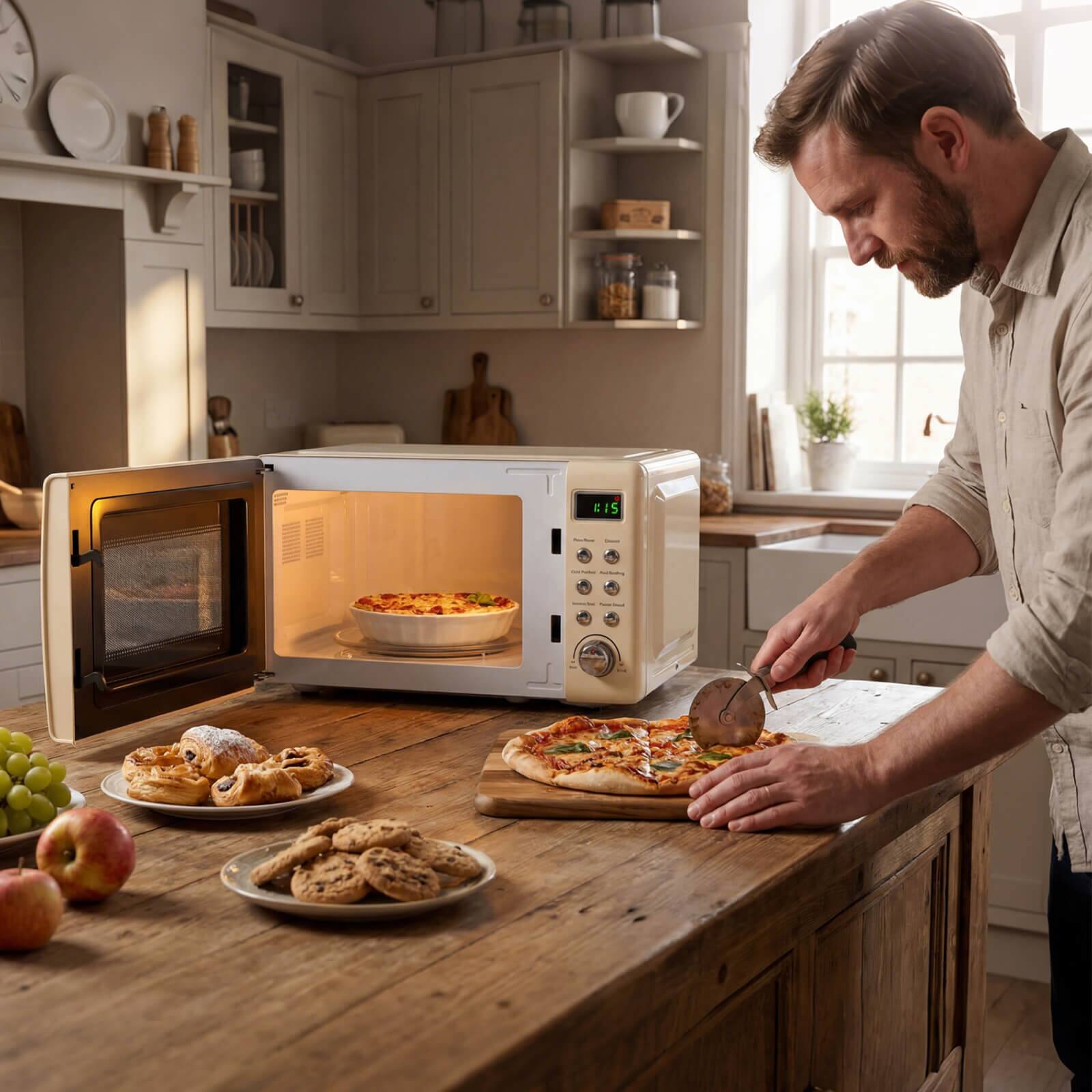 Alt View 3. Costway - Costway 0.7 Cu.ft Retro Countertop Microwave Oven 700W LED Display Glass Turntable - Off-White.