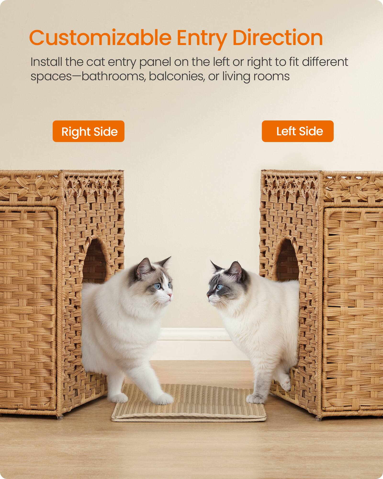 Customizable Entry Direction  
Install the cat entry panel on the left or right to fit different spaces—bathrooms, balconies, or living rooms  

Right Side  
Left Side