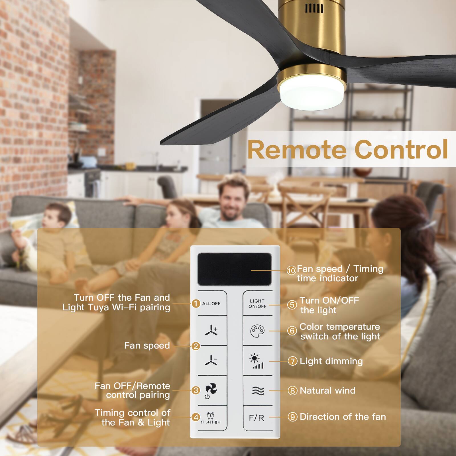 Remote Control

1. Turn OFF the Fan and Light Tuya Wi-Fi pairing
2. Fan speed
3. Fan OFF/Remote control pairing
4. Timing control of the Fan & Light
5. Turn ON/OFF the light
6. Color temperature switch of the light
7. Light dimming
8. Natural wind
9. Direction of the fan
10. Fan speed / Timing time indicator
