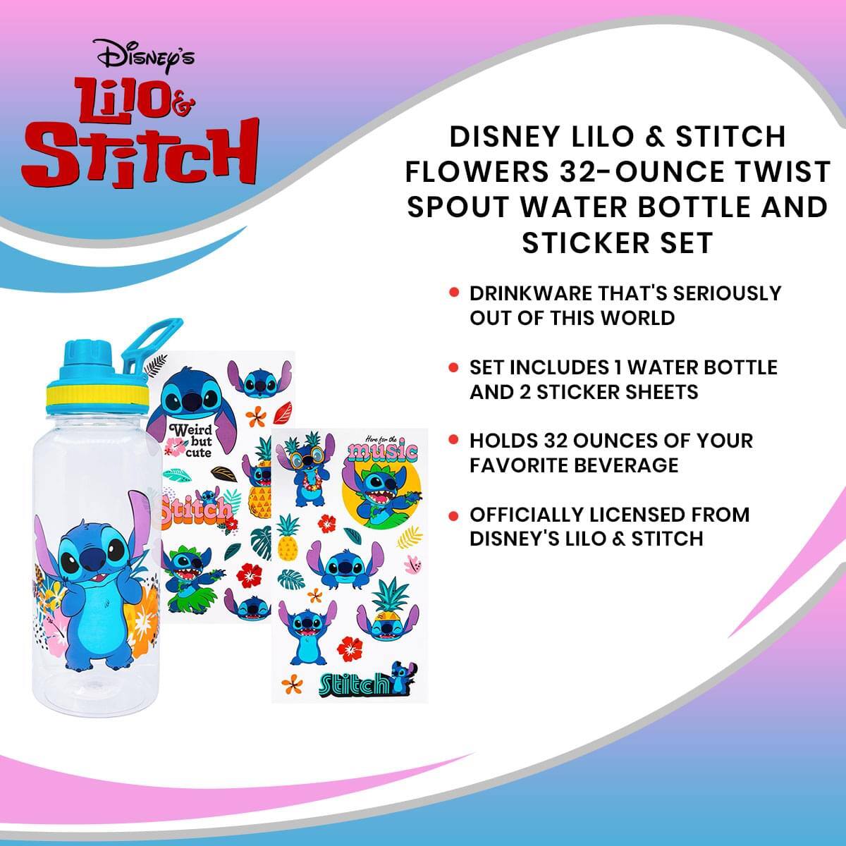 Disney's Lilo & Stitch

Disney Lilo & Stitch Flowers 32-Ounce Twist Spout Water Bottle and Sticker Set

- Drinkware that's seriously out of this world
- Set includes 1 water bottle and 2 sticker sheets
- Holds 32 ounces of your favorite beverage
- Officially licensed from Disney's Lilo & Stitch

Weird but cute Stitch
music