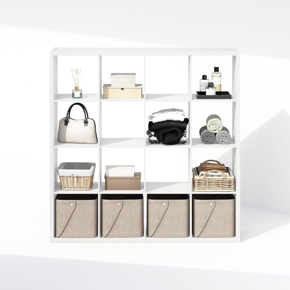 Alt View 2. FurniFact - White Engineered Wood 16 Cube Storage Organizer with Open Back Shelves - White.