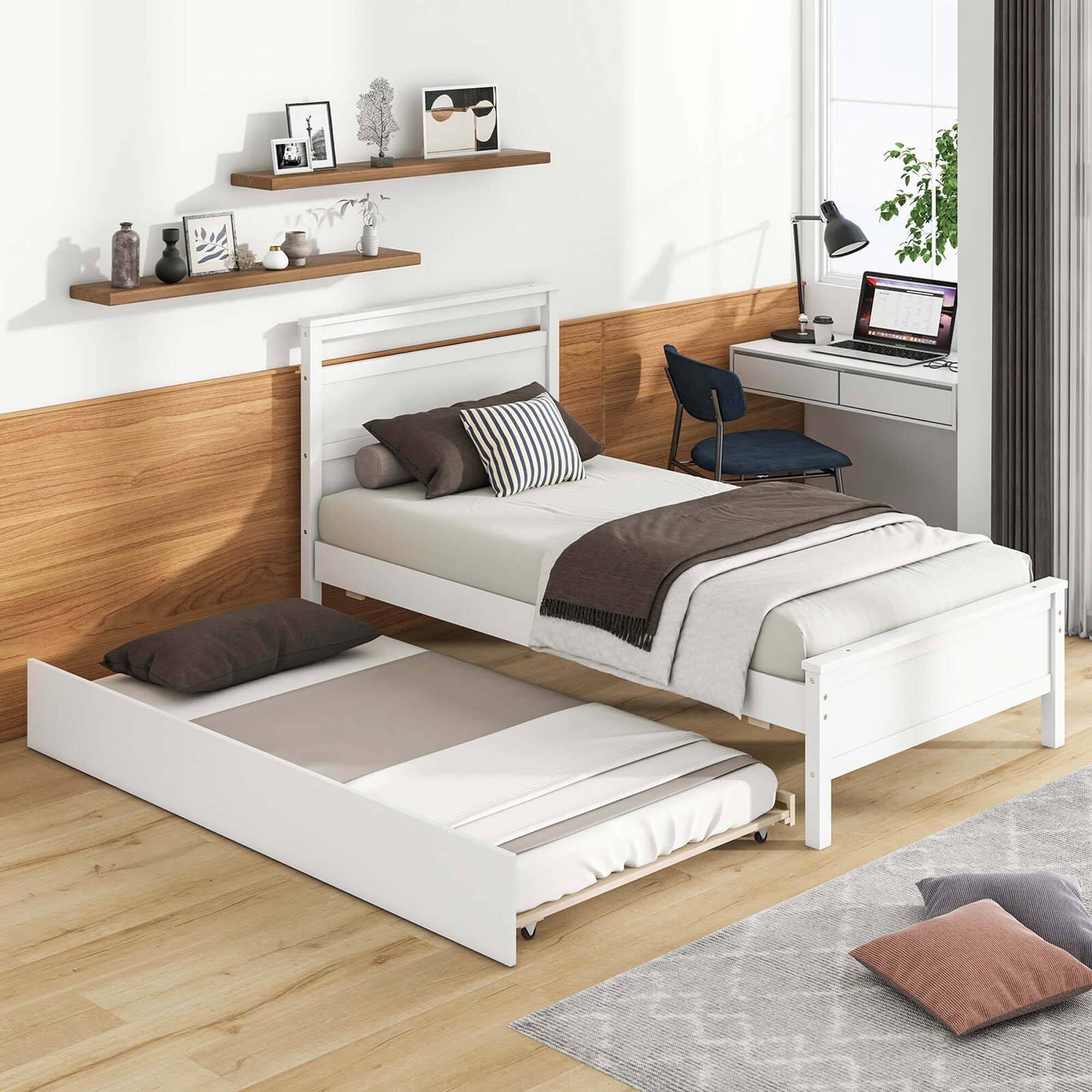 Back. Costway - Twin Size Platform Bed with Trundle Pull-out Trundle Headboard & Footboard - White.