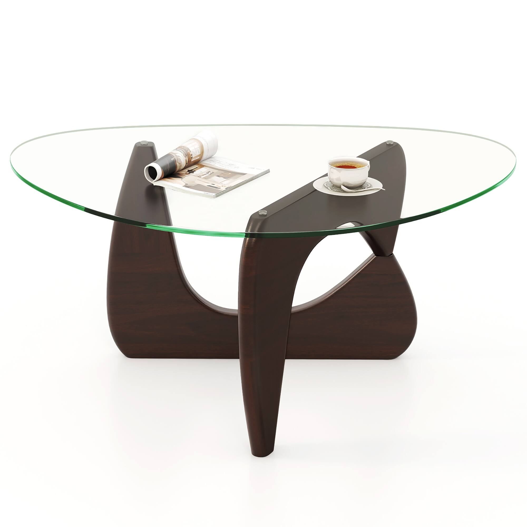 Alt View 9. Gymax - Gymax Triangle Coffee Table w/ Tempered Glass Top & Adjustable Rubber Wood Base - Walnut.
