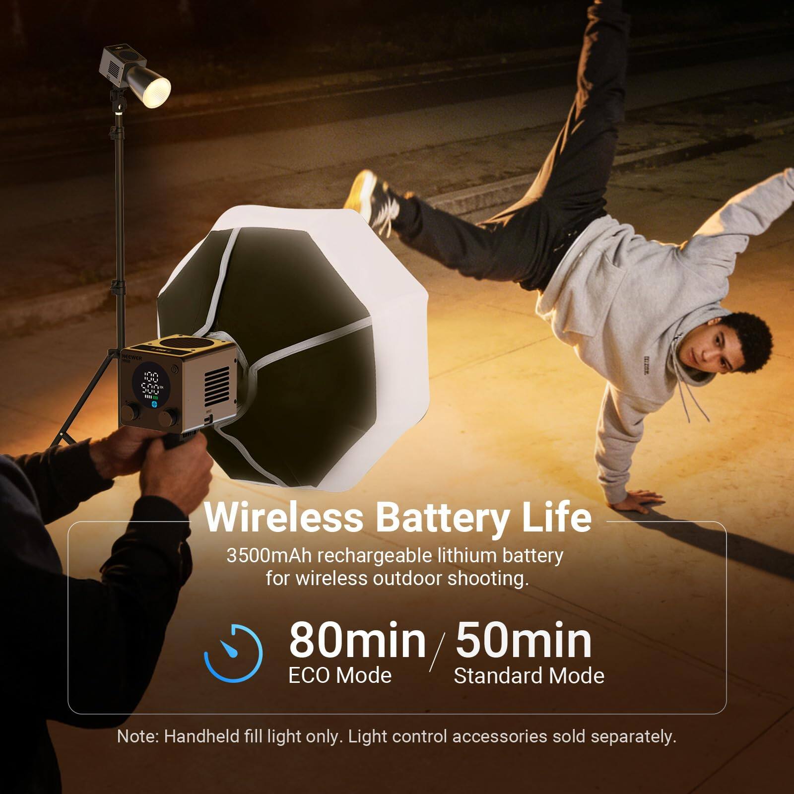 Wireless Battery Life  
3500mAh rechargeable lithium battery for wireless outdoor shooting.  
80min / 50min  
ECO Mode / Standard Mode  

Note: Handheld fill light only. Light control accessories sold separately.