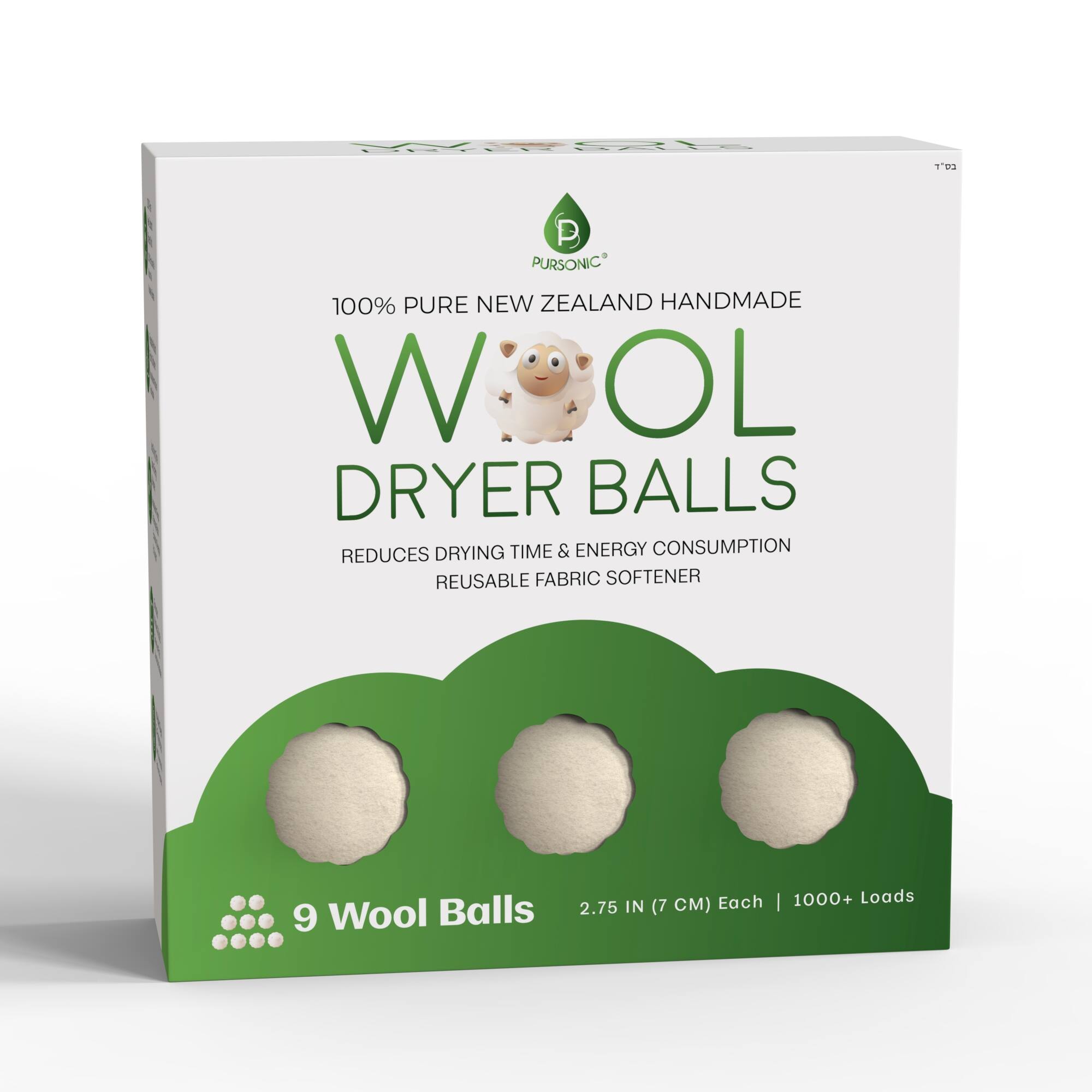 PURSONIC  
100% PURE NEW ZEALAND HANDMADE  
WOL DRYER BALLS  
REDUCES DRYING TIME & ENERGY CONSUMPTION  
REUSABLE FABRIC SOFTENER  

9 Wool Balls  
2.75 IN (7 CM) Each | 1000+ Loads