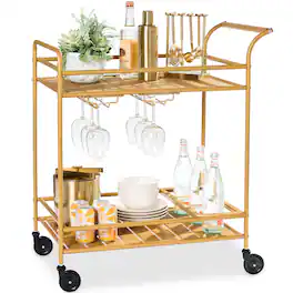 Best Choice Products - 2-Tier Rolling Bar Cart Indoor/Outdoor w/ Storage Shelves, Wine Rack, Lockable Wheels - Gold