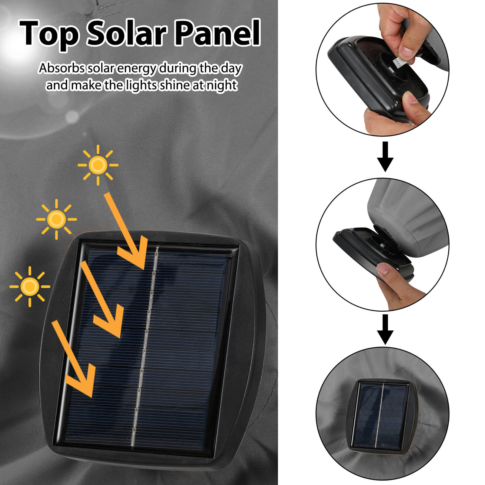 Top Solar Panel  
Absorbs solar energy during the day and makes the lights shine at night