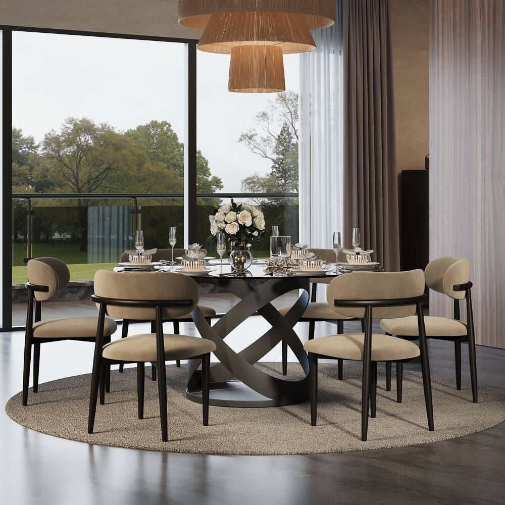 Angle. POVISON - 59" Modern Round Glass Dining Table for 6, Smoked Gray Tempered Glass Tabletop with Black X Carbon Steel Base - Smoked Gray Tempered Glass with Black.