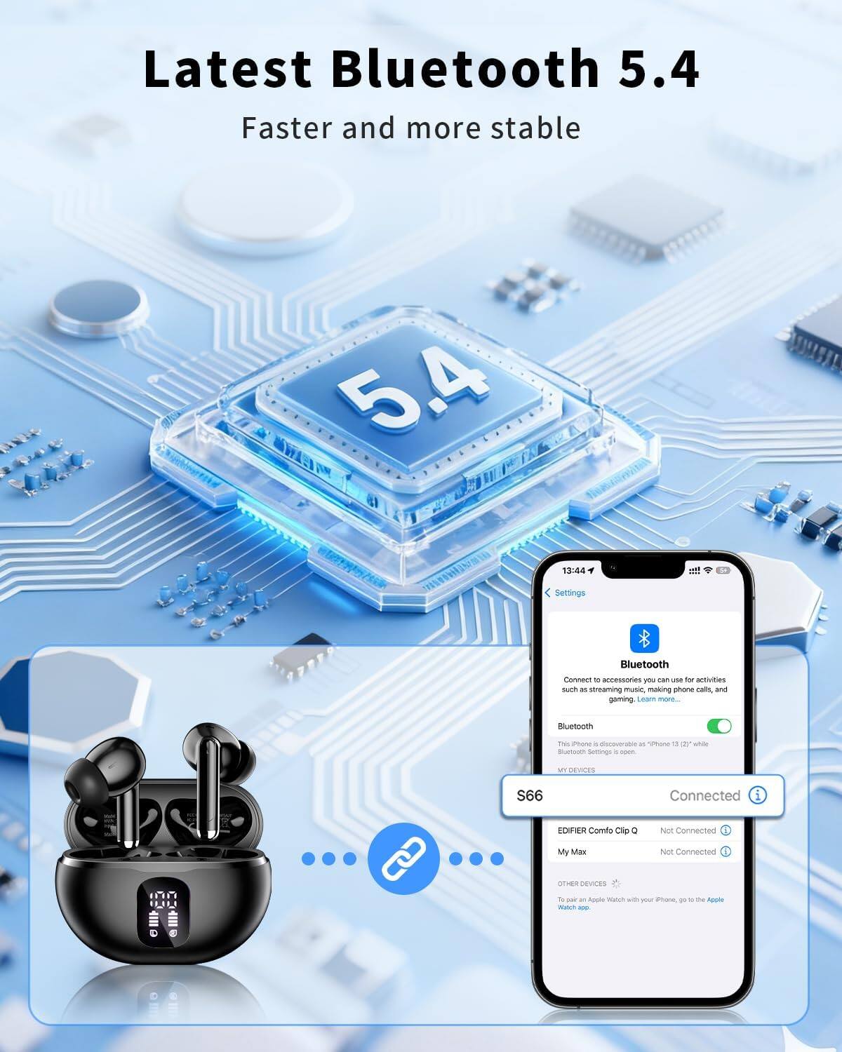 Latest Bluetooth 5.4  
Faster and more stable  

Connect to accessories you can use for activities such as streaming music, making phone calls, and gaming. Learn more.  

Bluetooth  
This iPhone is discoverable as "iPhone 13" while Bluetooth Settings is open.  

MY DEVICES  
S66 - Connected  
EDIFIER Comfo Clip Q - Not Connected  
My Max - Not Connected  

OTHER DEVICES  
To pair an Apple Watch with your iPhone, go to the Apple Watch app.