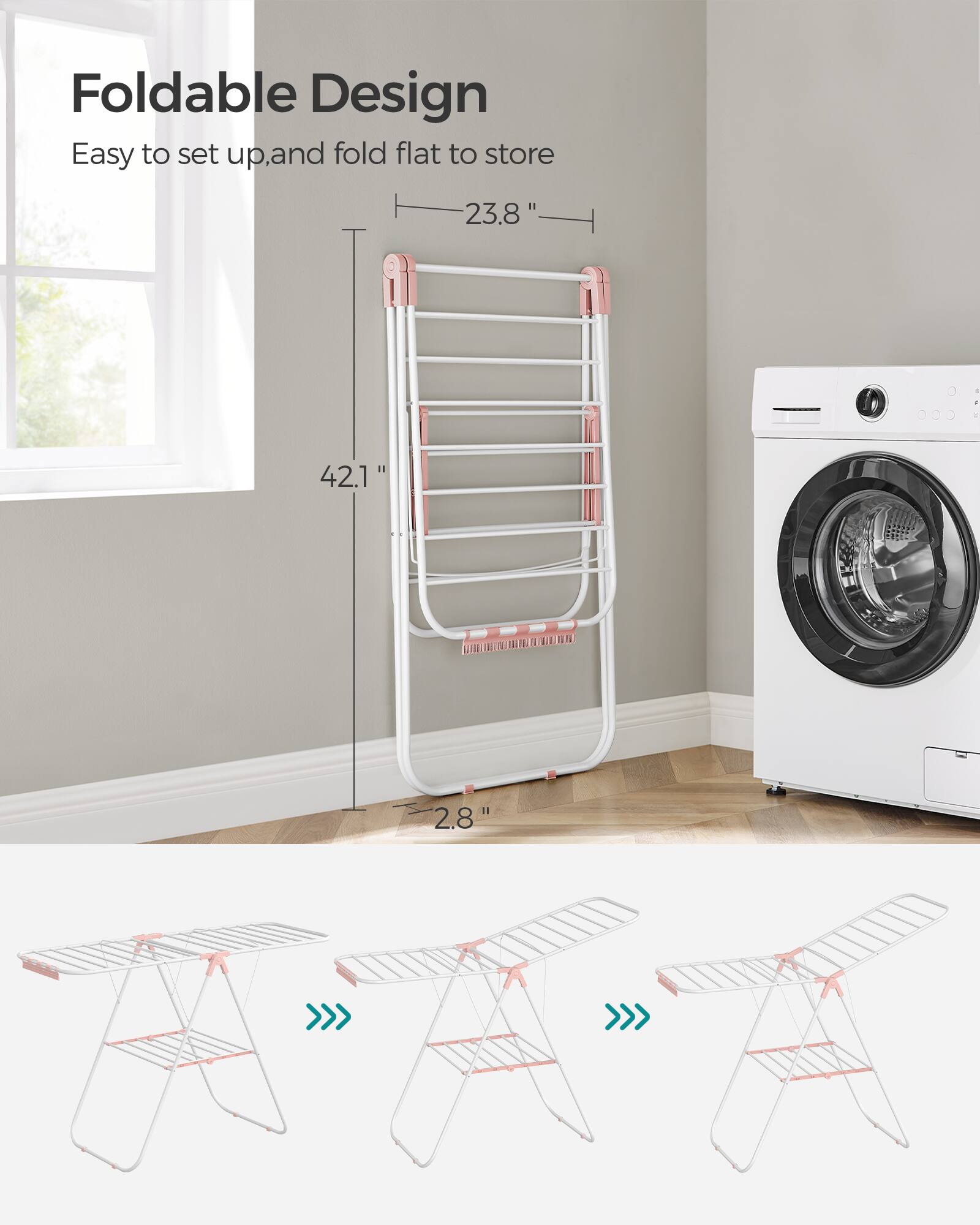 Foldable Design  
Easy to set up, and fold flat to store  
D1 23.8"  
42.1"  
L 2.8"