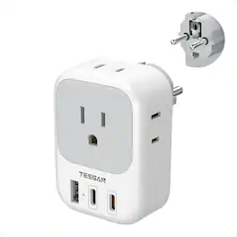 TESSAN - US to Europe Korea Travel Plug Adapter, Type E/F Outlet Extender with 4 AC Outlets and 3 USB Ports (2 USB-C) - Gray,White