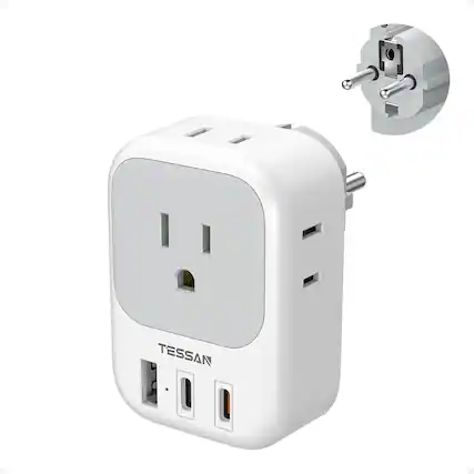 Front. TESSAN - US to Europe Korea Travel Plug Adapter, Type E/F Outlet Extender with 4 AC Outlets and 3 USB Ports (2 USB-C) - Gray,White.