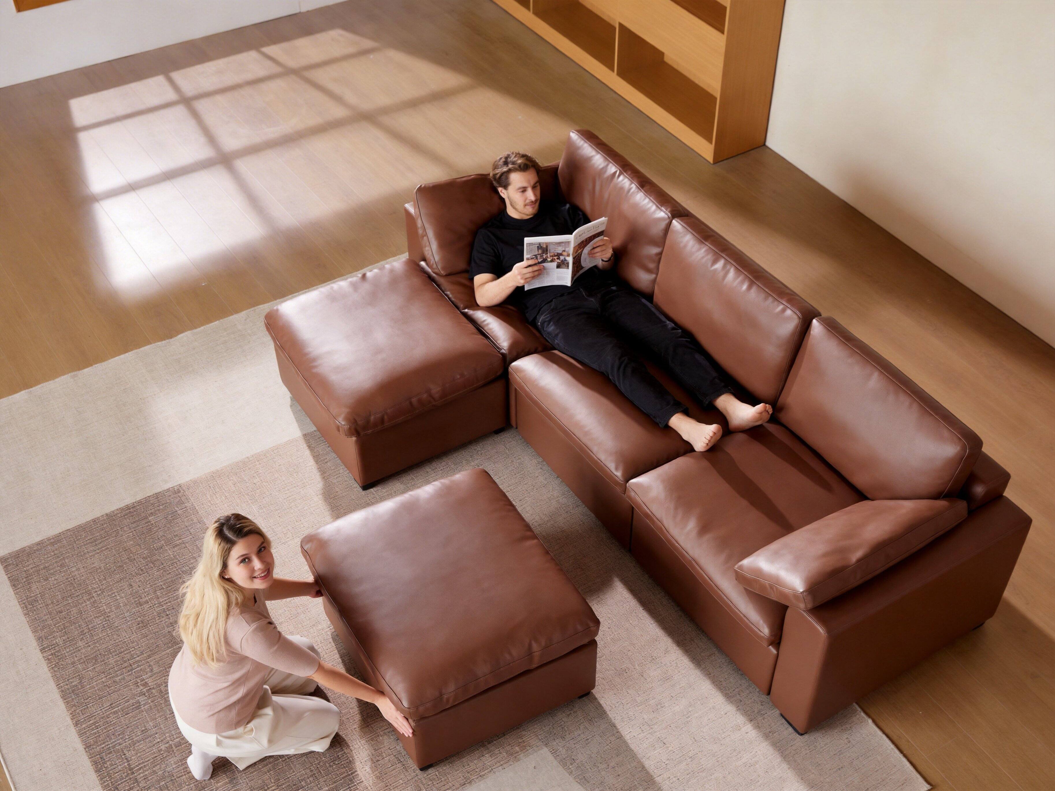 Alt View 1. Dyonery - Dyonery 120" U Shaped  Couch with Storage Ottoman， Down-Filled Wide Deep Seat, Solid Wood Frame, Faux Leather Brown - Black Faux Leather.