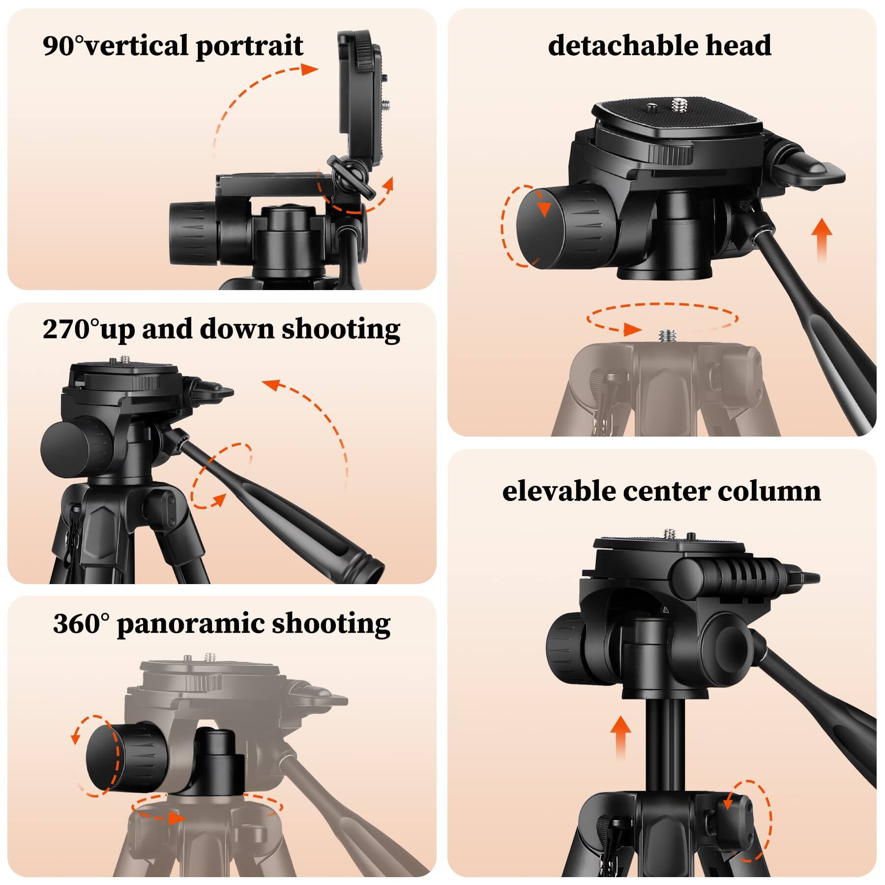 - 90° vertical portrait
- 270° up and down shooting
- detachable head
- 360° panoramic shooting
- elevable center column