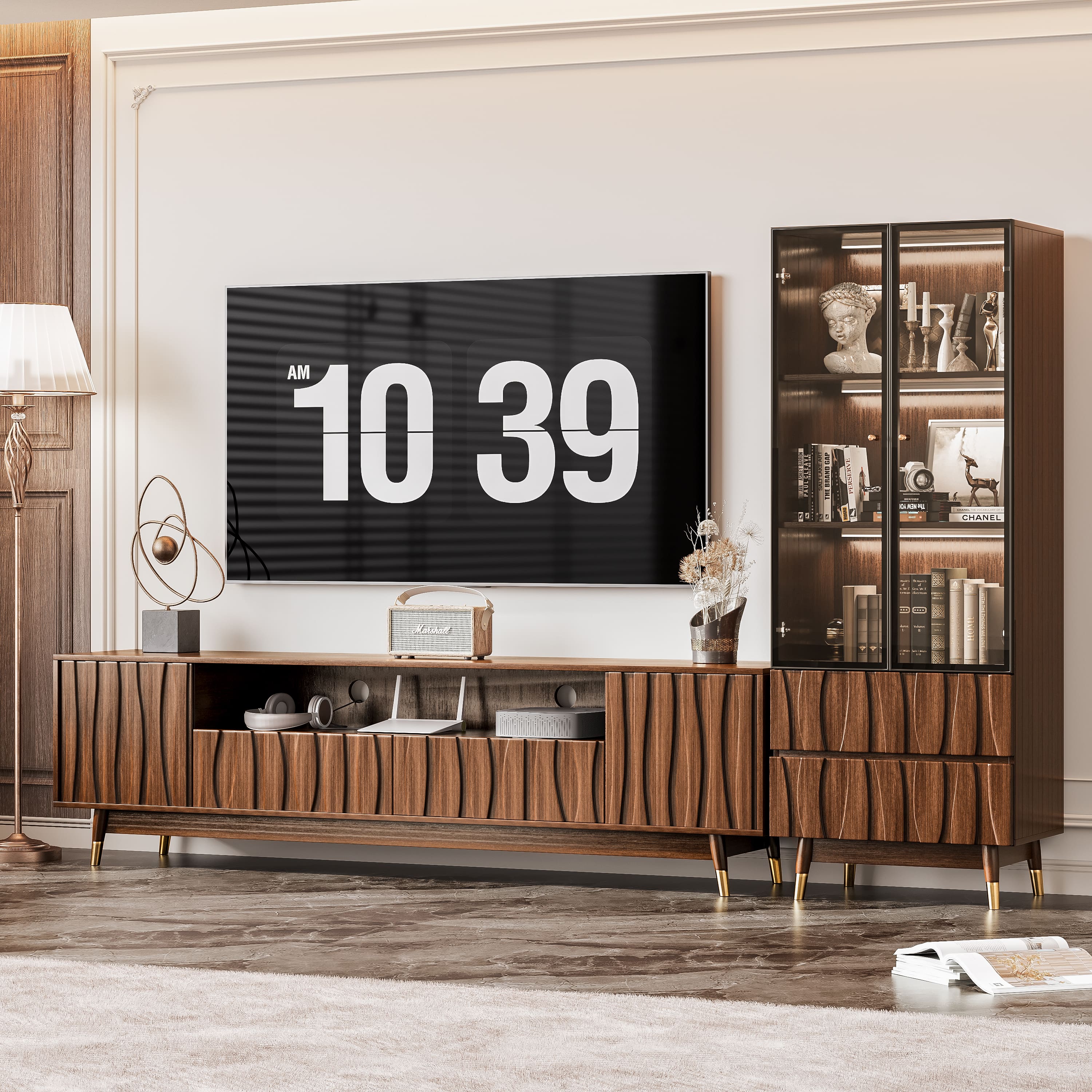 MSOOB - TV Stand and Glass Display Cabinet Set with Drawers and Storage, Mid-Century Modern Entertainment Center Up to 85" TV - Brown