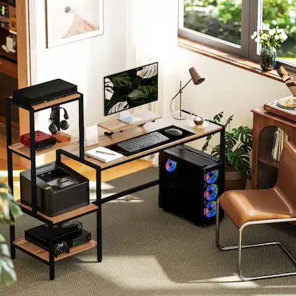 Front. Anysun - 66.9" Computer Desk with Reversible 4-Tier Shelf & Monitor Stand, Industrial Writing Desk for Study Room or Office - Brown.