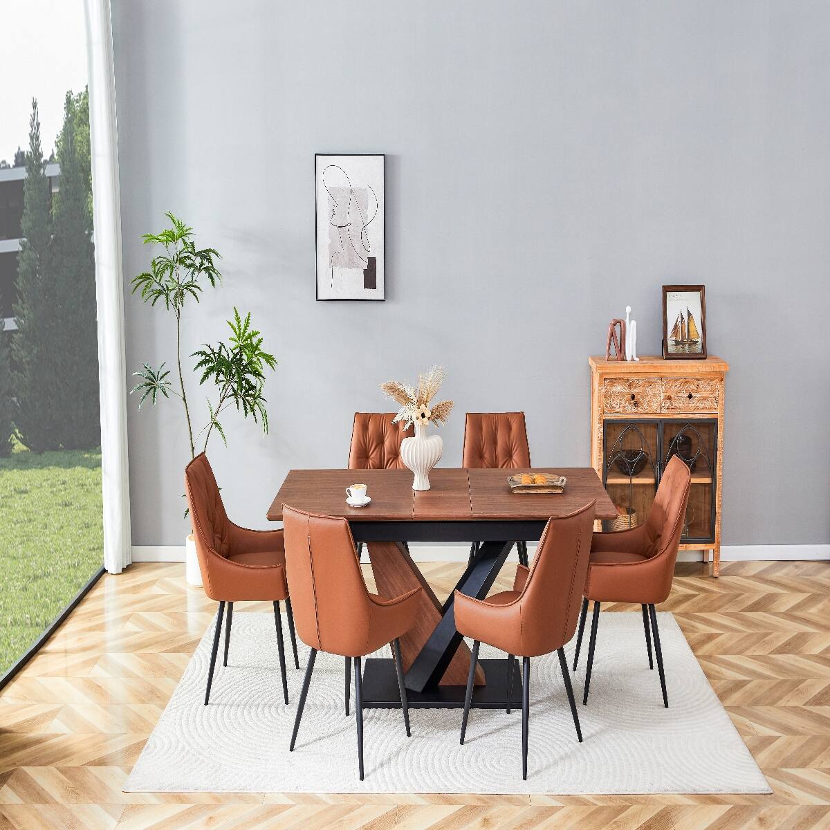 Alt View 3. Loheer - Loheer Extendable Dining Table Dark Walnut Rectangular Dining Table with Metal Cross Base - Dark Walnut.