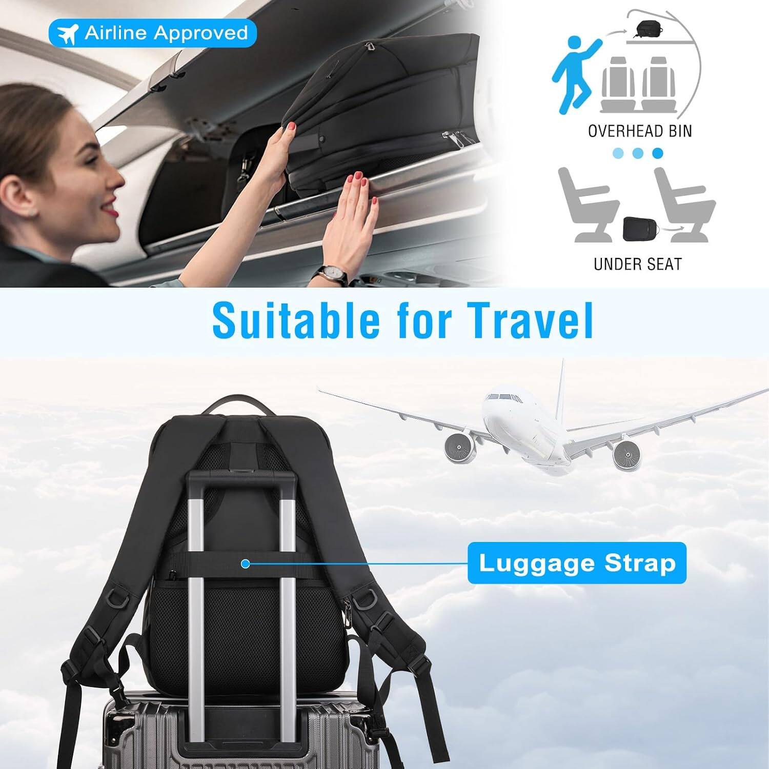 Airline Approved  
OVERHEAD BIN  
UNDER SEAT  
Suitable for Travel  
Luggage Strap