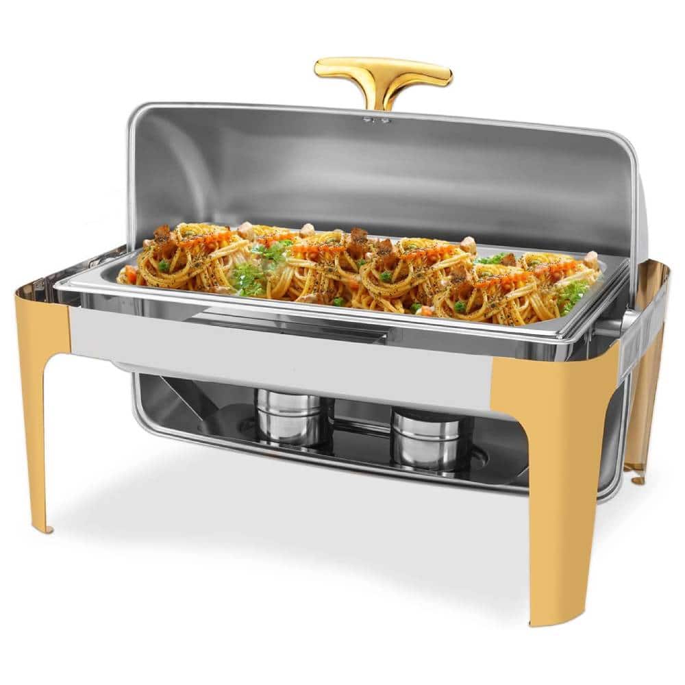 Winado - 9 Quart Stainless Steel Roll Top Chafing Dish w/ Water Pan, Food Pan, 2 Fuel Burners for Hotel Breakfast Buffet, Banquet - Gold & Silver