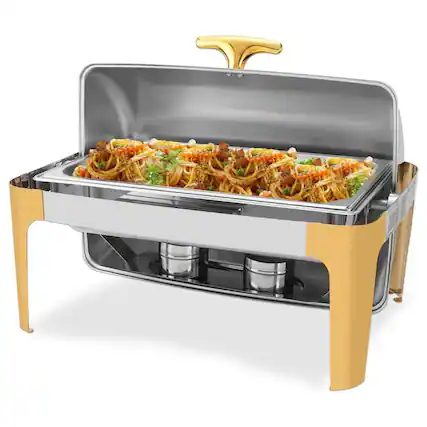 Front. Winado - 9 Quart Stainless Steel Roll Top Chafing Dish w/ Water Pan, Food Pan, 2 Fuel Burners for Hotel Breakfast Buffet, Banquet - Gold & Silver.