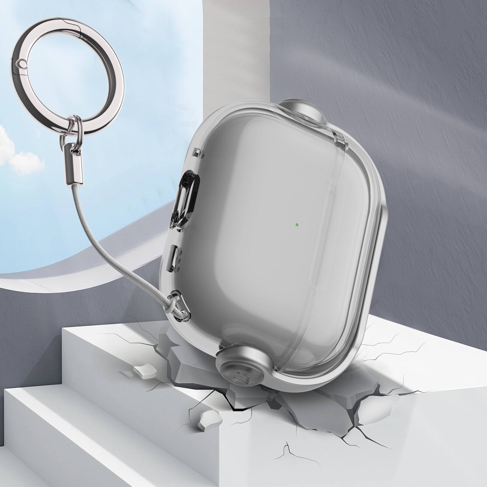 Left. Dteck - For Apple Airpods 4th/5th Gen Slim Fit Clear Kickstand Shockproof Drop Protection Case With Anti-Loss Ring - Gray.