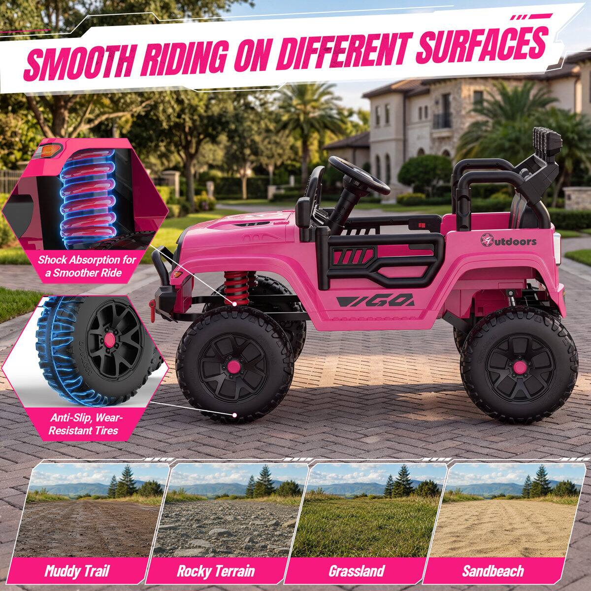 SMOOTH RIDING ON DIFFERENT SURFACES

Shock Absorption for a Smoother Ride

Anti-Slip, Wear-Resistant Tires

Muddy Trail

Rocky Terrain

Grassland

Sandbeach