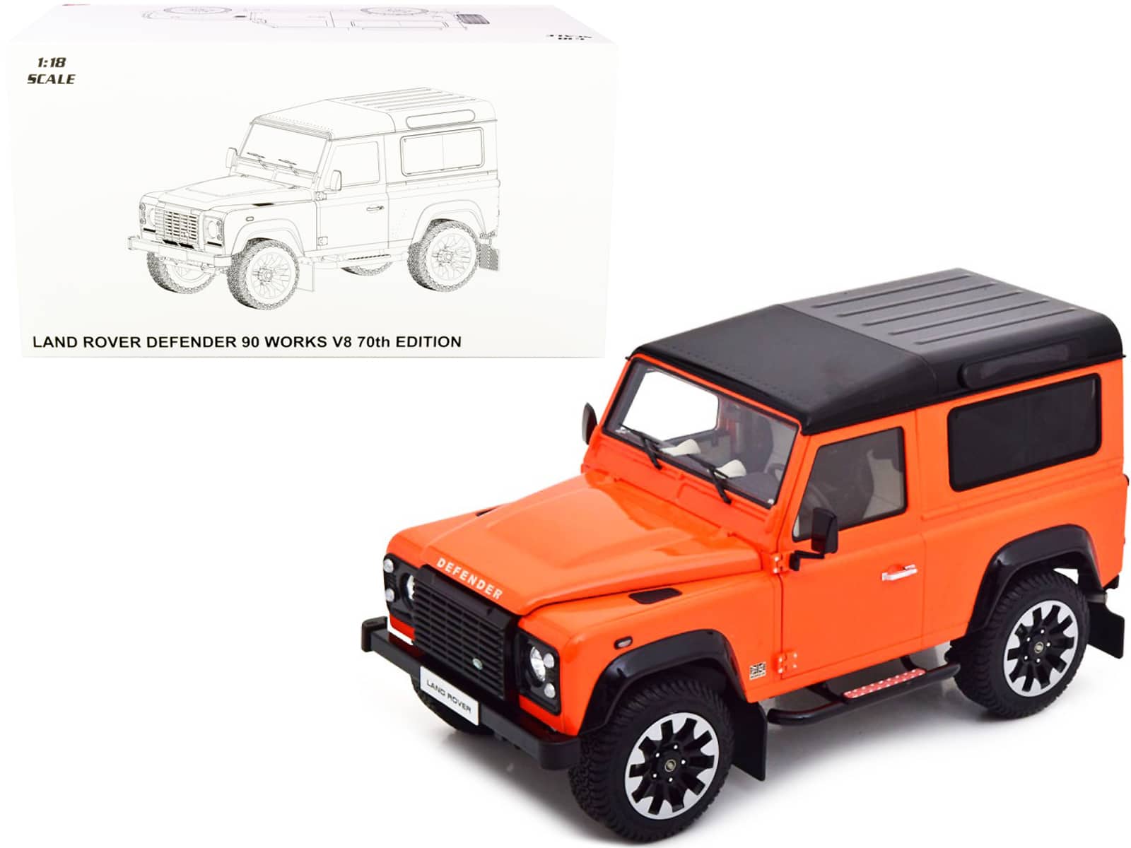 "Land Rover Defender 90 Works V8 Bright Orange with Gloss Black Top ""70th Edition"" 1/18 Diecast Model Car by LCD Models" price history on PriceWatchPro