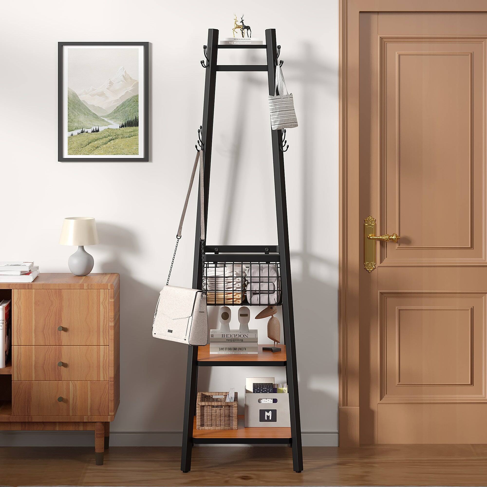 Back. Vecelo - Freestanding Entryway Coat Rack with Storage Basket and Hooks, Modern Hall Tree Organizer with Hanging Rods - Brown.