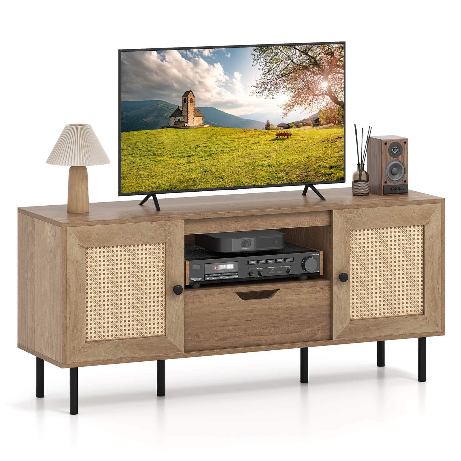 Costway - Boho TV Stand for 60 Inch TV with Cabinets, Storage Shelf, Drawer, PE Rattan Doors - Natural