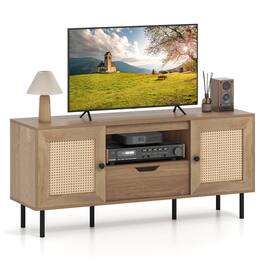 Costway - Boho TV Stand for 60 Inch TV with Cabinets, Storage Shelf, Drawer, PE Rattan Doors - Natural