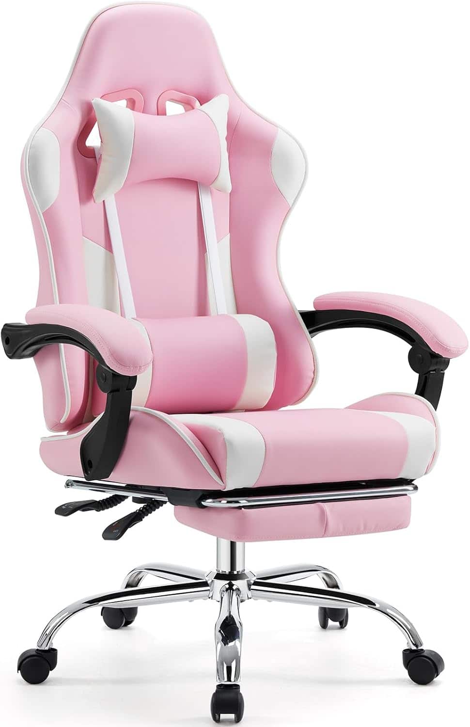 AOITUN - Video Game Desk Chair - Ergonomic Computer with Footrest and Comfy Lumbar Support, PU Leather Recliner, Pink - White