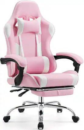 Front. AOITUN - Video Game Desk Chair - Ergonomic Computer with Footrest and Comfy Lumbar Support, PU Leather Recliner, Pink - White.