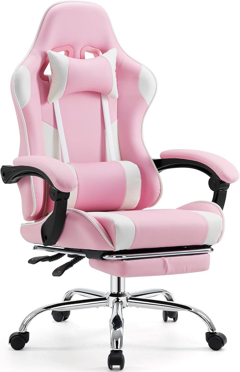 Front. AOITUN - Video Game Desk Chair - Ergonomic Computer with Footrest and Comfy Lumbar Support, PU Leather Recliner, Pink - White.