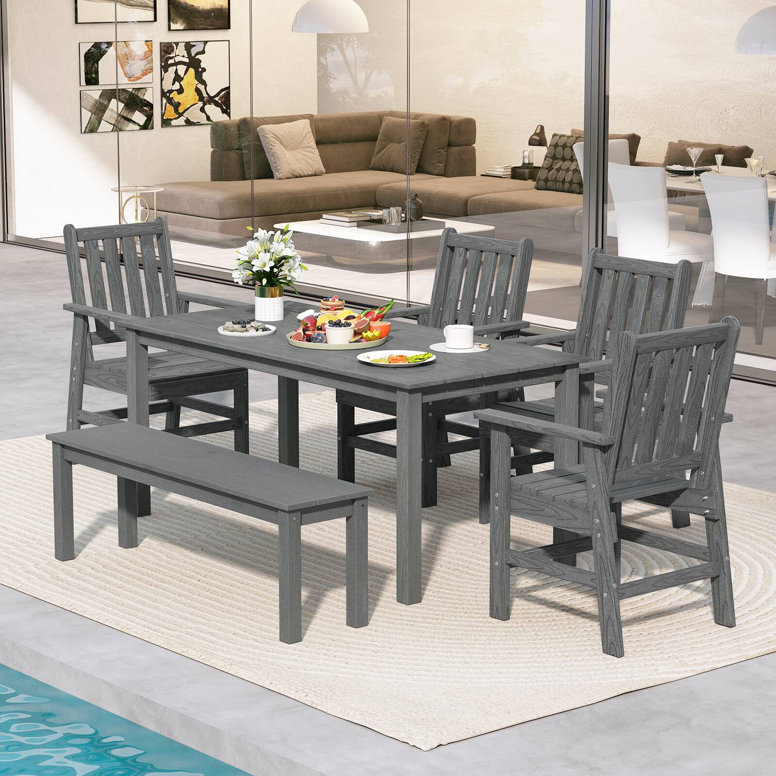 Alt View 3. Gymax - Gymax Patio Dining Chairs Set of 4 w/Wide Armrests Curved Seat Wood Grain for Backyard Gray - Gray.