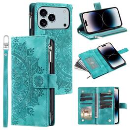 Dteck - Crossbody Strap Magnetic Case for iPhone 17 Pro Max, Zipper Wallet Purse 8-Card Kickstand Wrist Strap Cover - Green