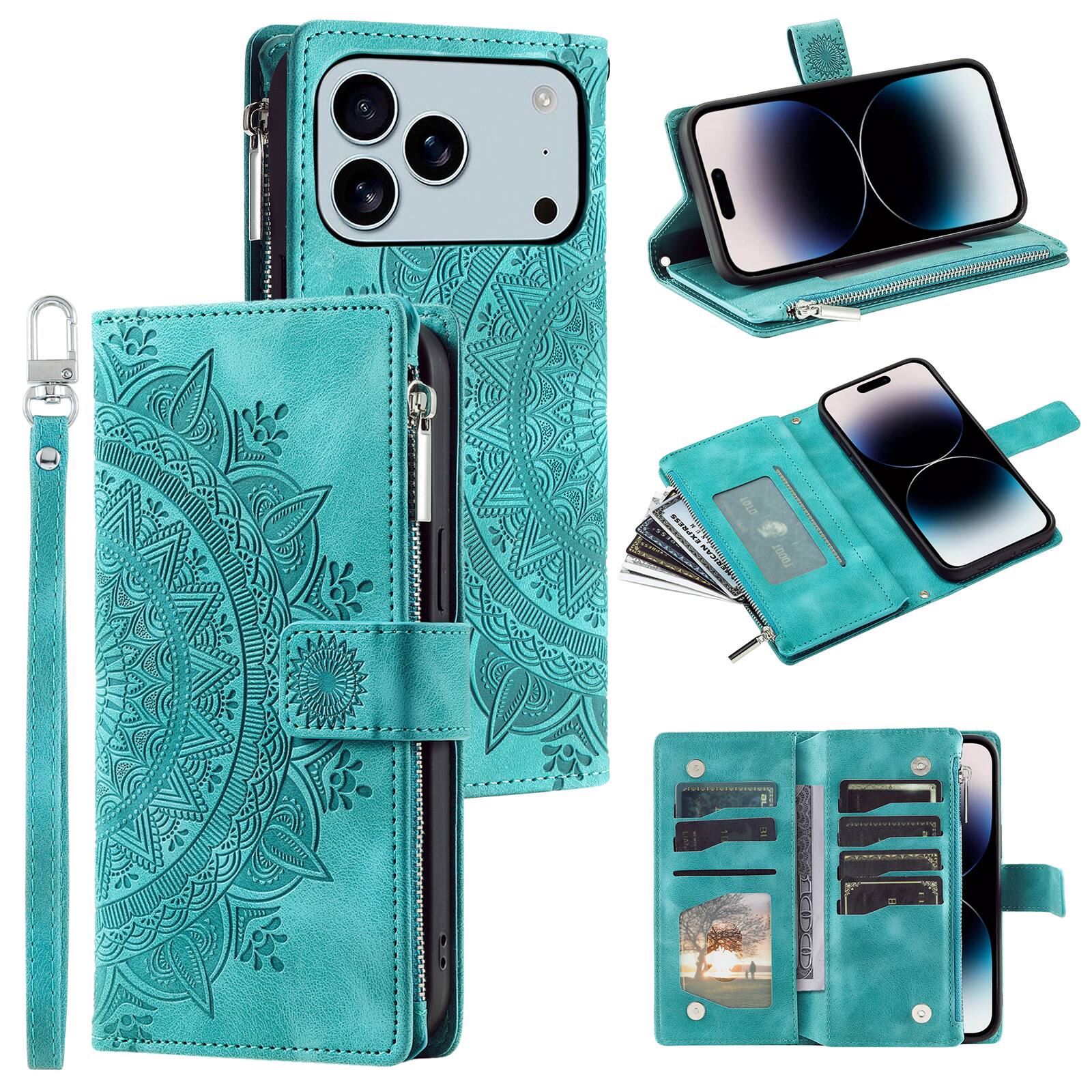 Front. Dteck - Crossbody Strap Magnetic Case for iPhone 17 Pro Max, Zipper Wallet Purse 8-Card Kickstand Wrist Strap Cover - Green.