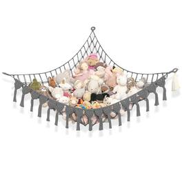 JETRANSPORT - Extra Large Stuffed Animal Hammock With Led Lights Cotton Macrame Storage Net For Plushies & Squishmallows - Gray