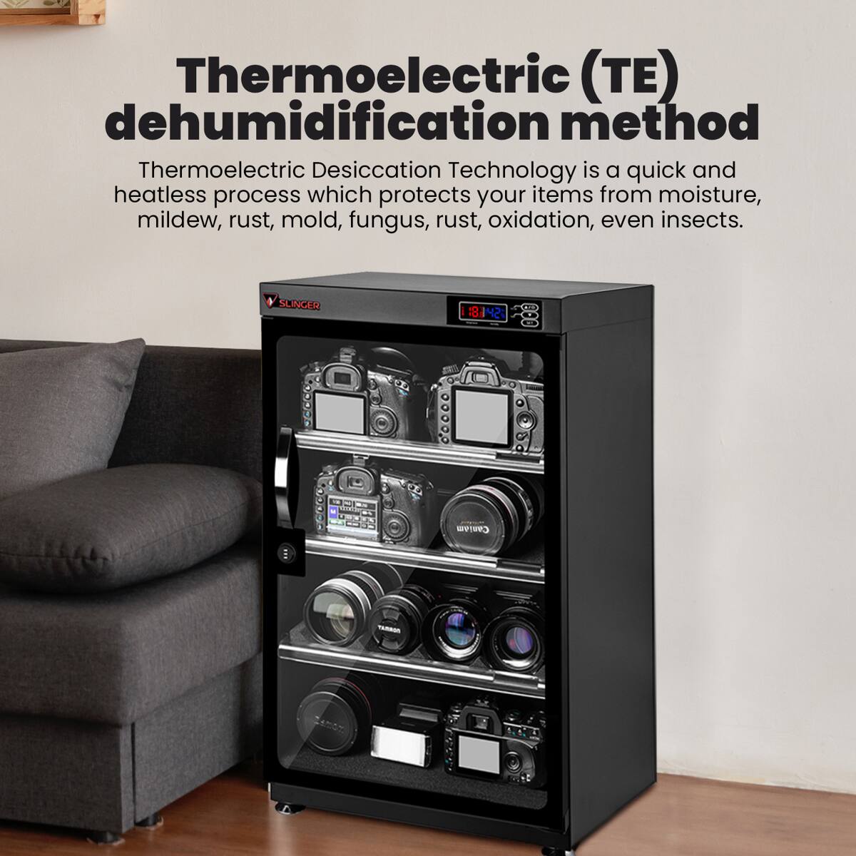 Thermoelectric (TE) dehumidification method

Thermoelectric Desiccation Technology is a quick and heatless process which protects your items from moisture, mildew, rust, mold, fungus, oxidation, even insects.

V SLINGER 18.142: 18 F