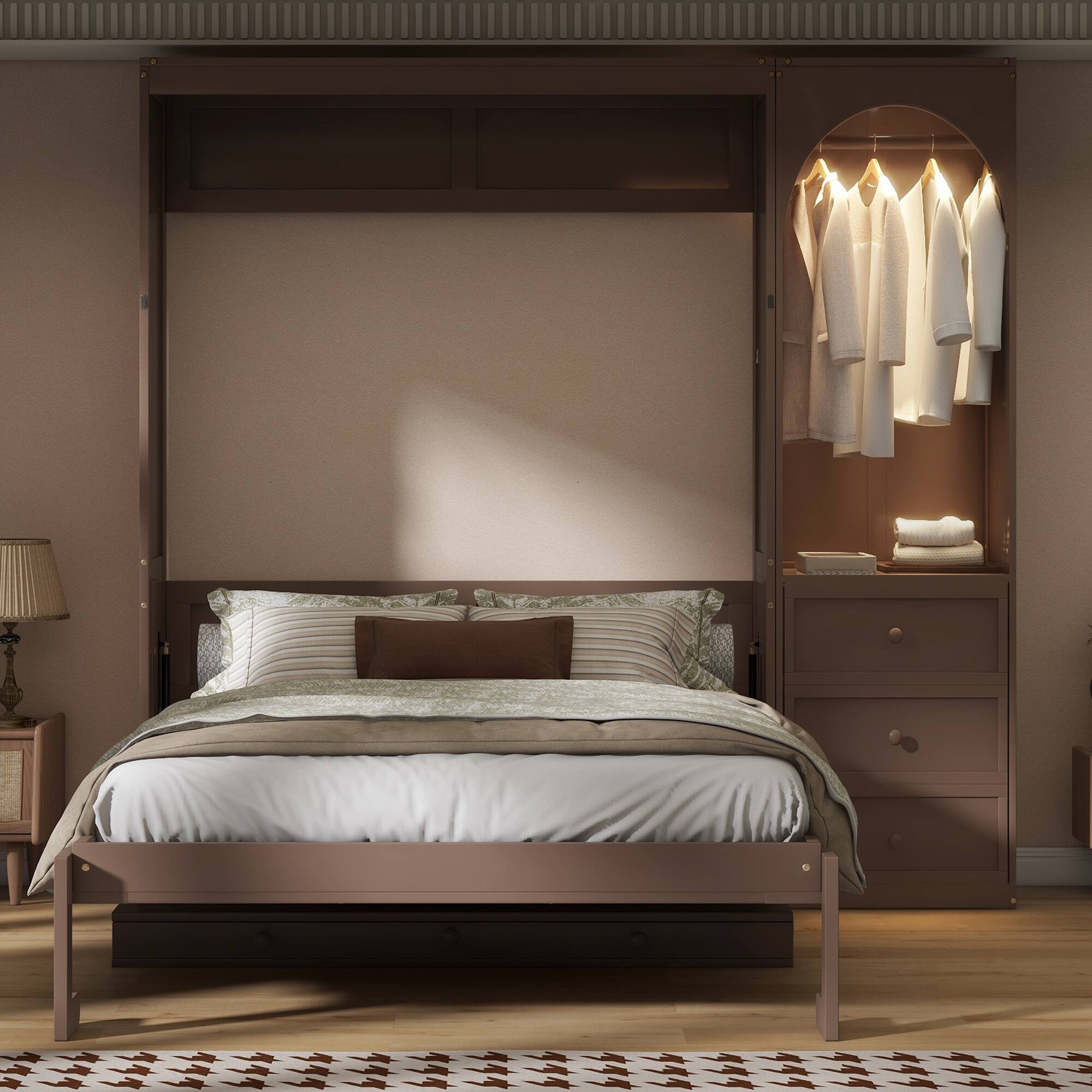 Angle. Whisen - Queen Size Murphy Bed with Storage Shelf, LED Light, Closet Rod & 3 Drawers, Space-Saving Desk Unit - Brown.