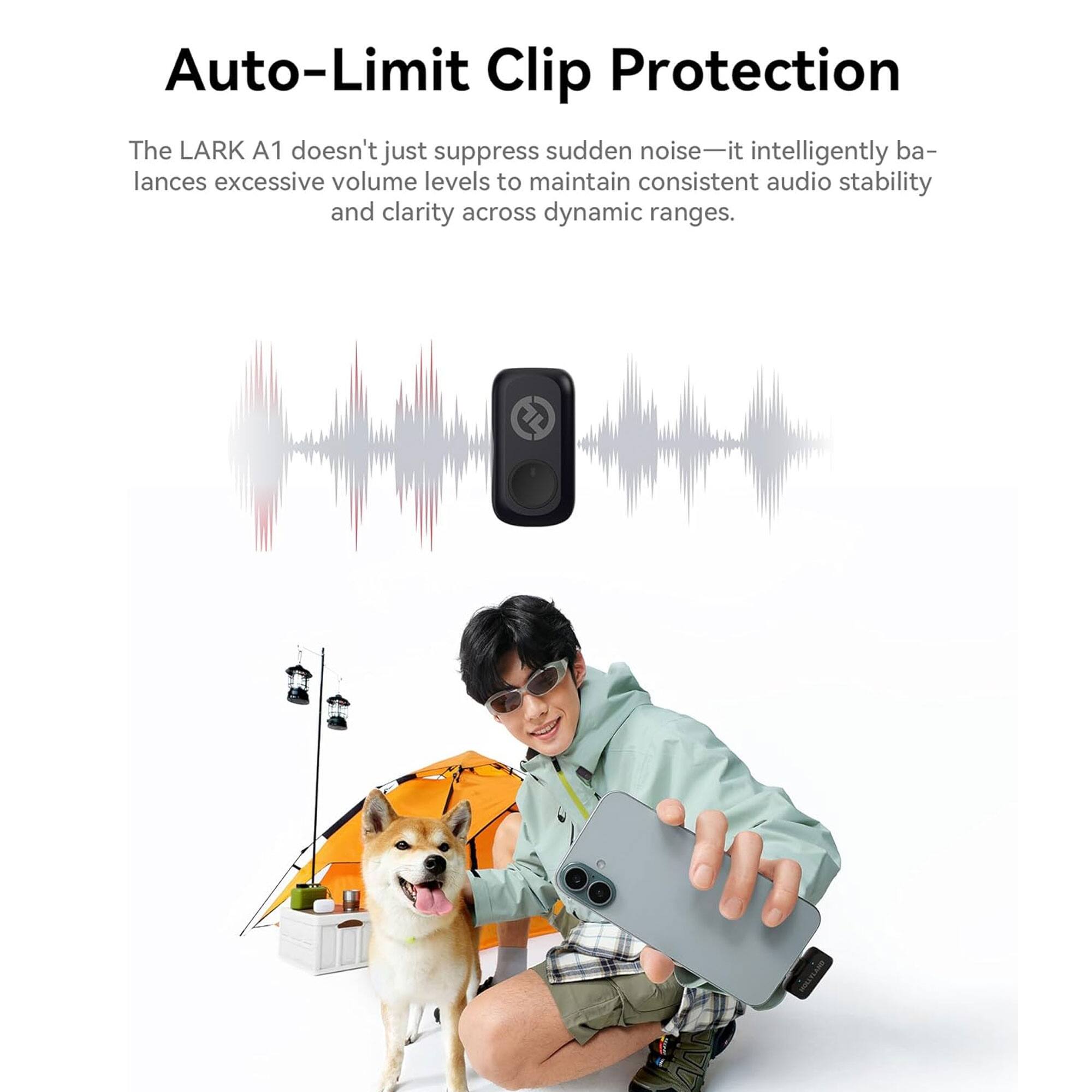 Auto-Limit Clip Protection

The LARK A1 doesn't just suppress sudden noise—it intelligently balances excessive volume levels to maintain consistent audio stability and clarity across dynamic ranges.