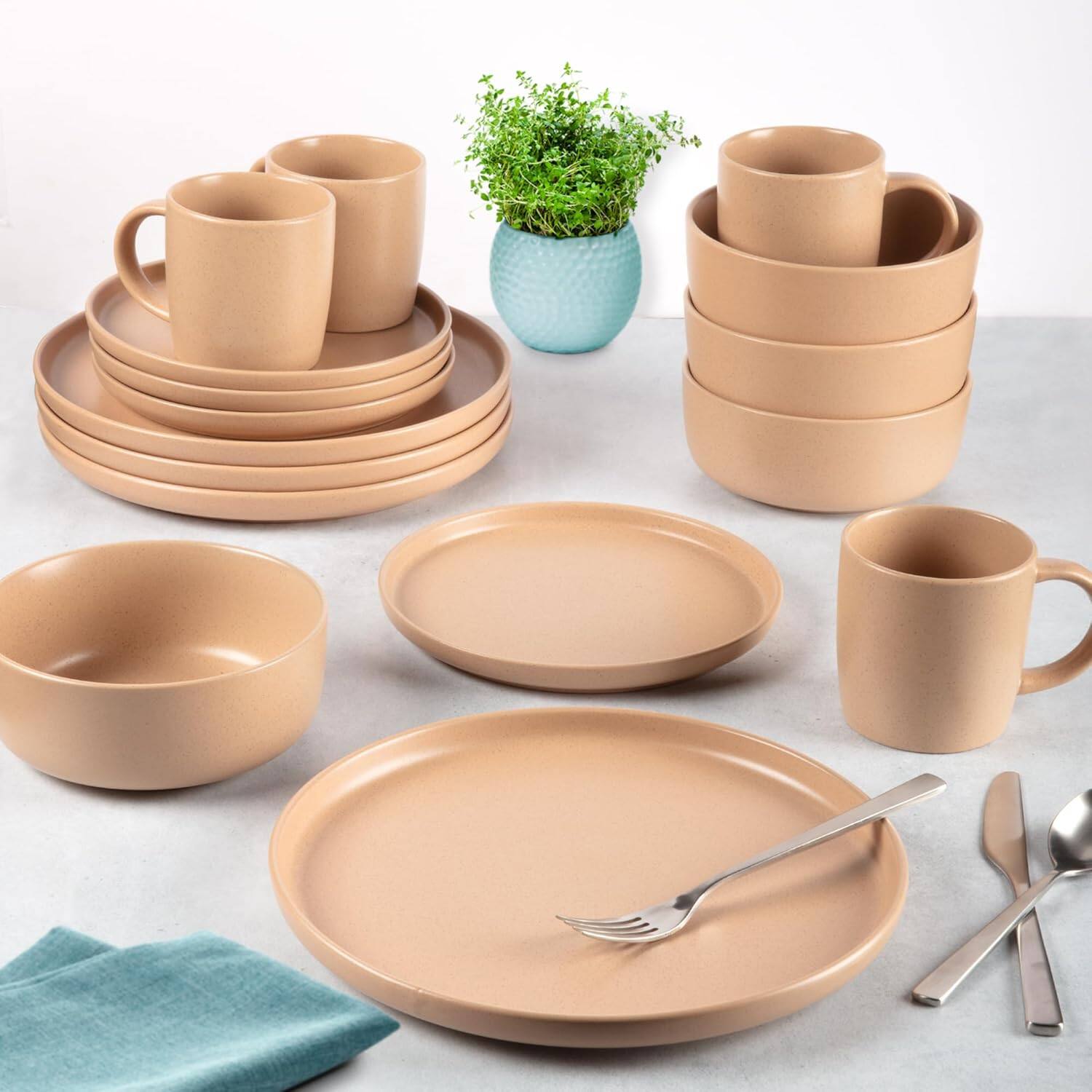 Left. Zulay Kitchen - Zulay Kitchen Terra Stoneware Dinnerware Set, Artisanal Ceramic Plates and Bowls Set Crafted at 2300℉ - Service for 4 - Terracotta Clay.