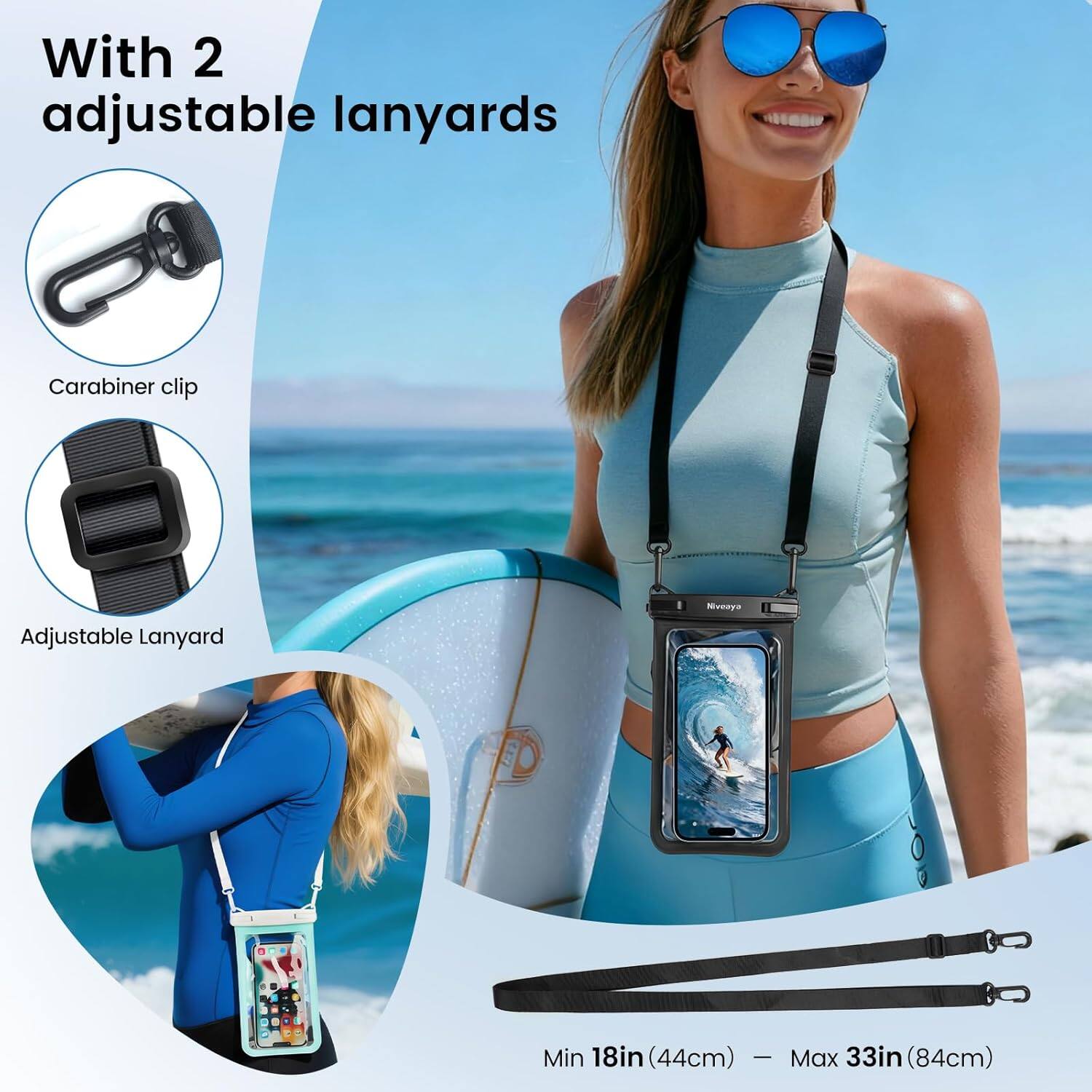 With 2 adjustable lanyards  
Carabiner clip  
Adjustable Lanyard  
Niveaya  
Min 18in (44cm) - Max 33in (84cm)