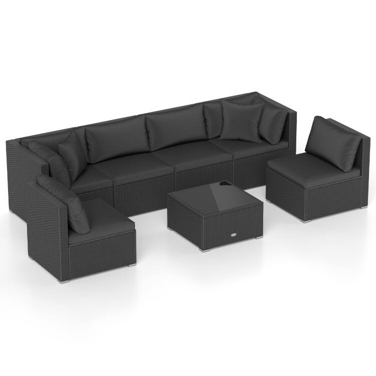Alt View 3. Mondawe - 7-Piece Sectional Wicker Sofa Set w/ Tempered Glass Table, Outdoor Patio Conversation Set with Cushions - Black.