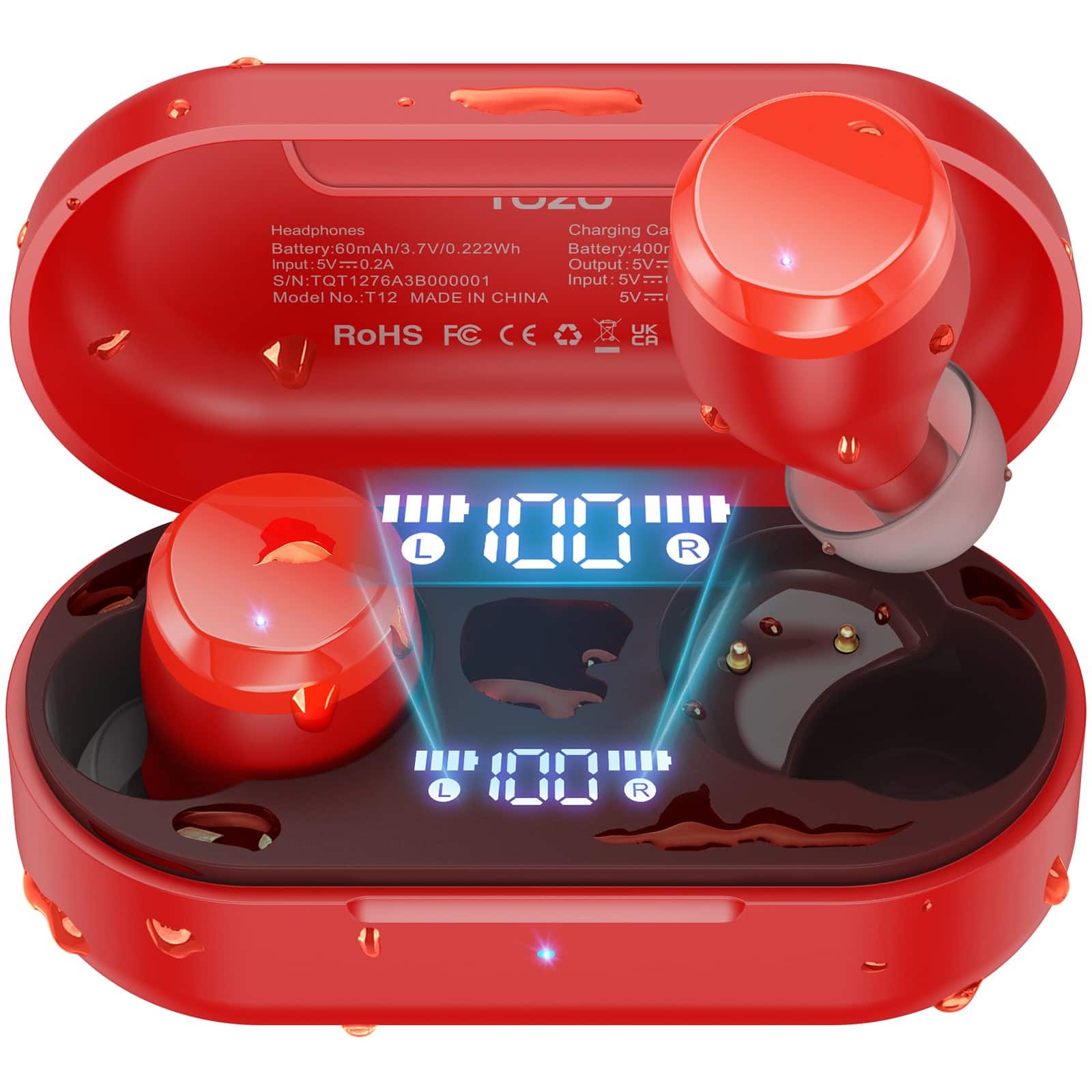 TOZO - T12 Earbuds, Bluetooth 5.3, ENC Mic, 55Hrs, Custom EQ, IPX8, LED, Premium Sound - Red
