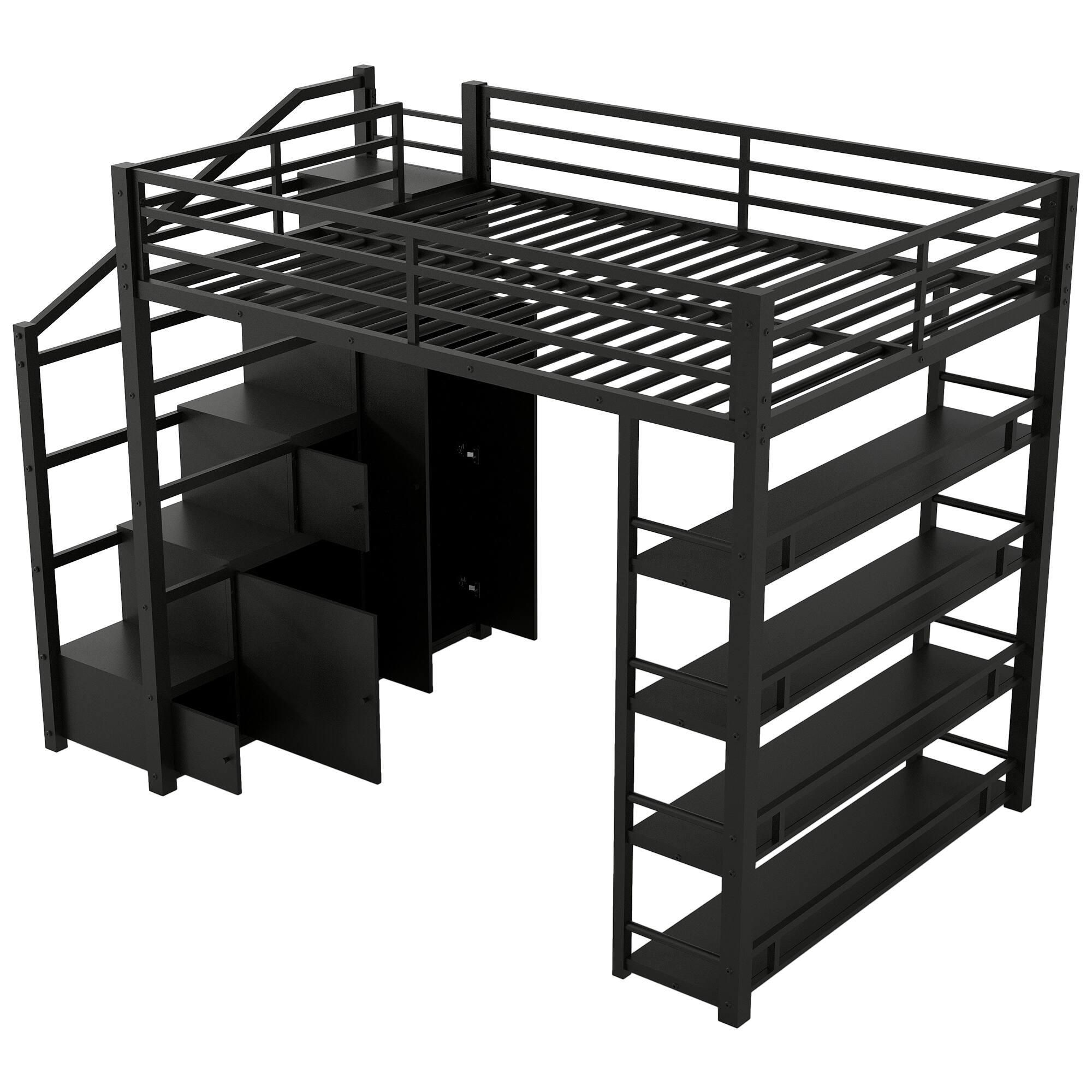 Left. Whisen - Full Size Metal Loft Bed with Storage Shelves, Cabinets and Wardrobe for Bedroom and Dormitory - Black.