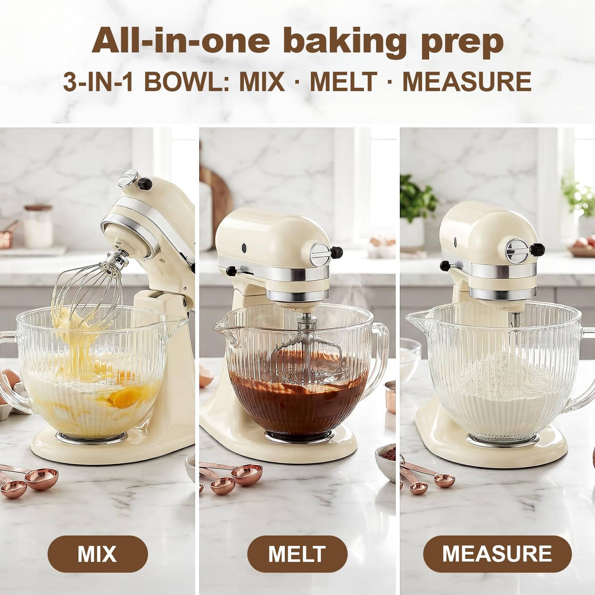 All-in-one baking prep  
3-IN-1 BOWL: MIX - MELT - MEASURE