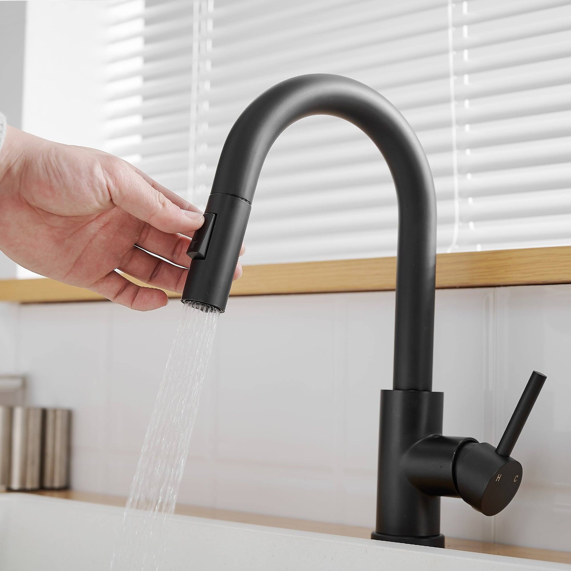 Left. Boyel Living - Matte Black Single Handle Pull Down Bar Faucet with Water Supply Hoses and Ceramic Disc Cartridge - Matte Black.
