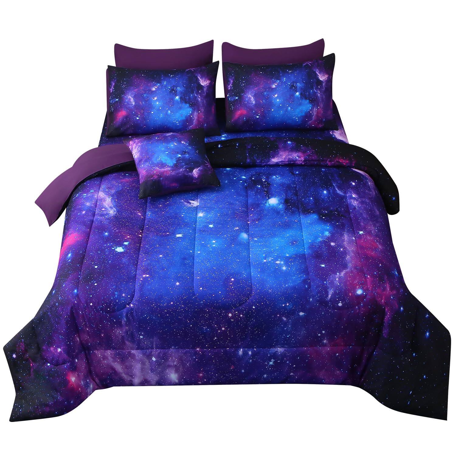 Alt View 8. Paradigms Interiors - Galaxy Comforter Sets Blanket 6 Piece Bed In A Bag 3d Outer Space Themed Bedding All-season Reversible Quil... - Blue Purple-Full(8pc).