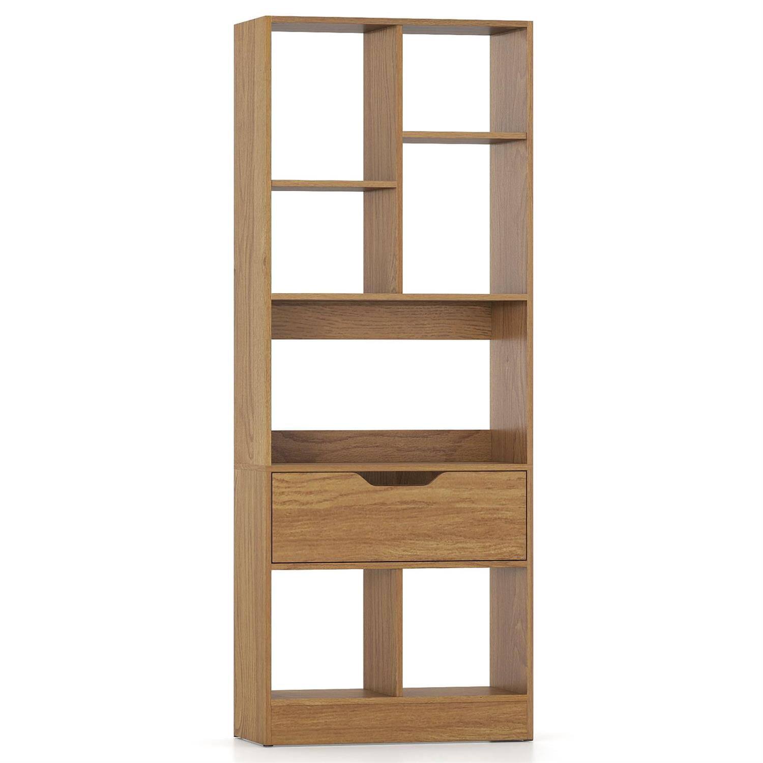 Angle. Pefilos - 61inch Tall Freestanding Bookcase with Drawer, 8-Cube Storage Organizer for Home Office, Anti-Tip Design, Natural - Brown.