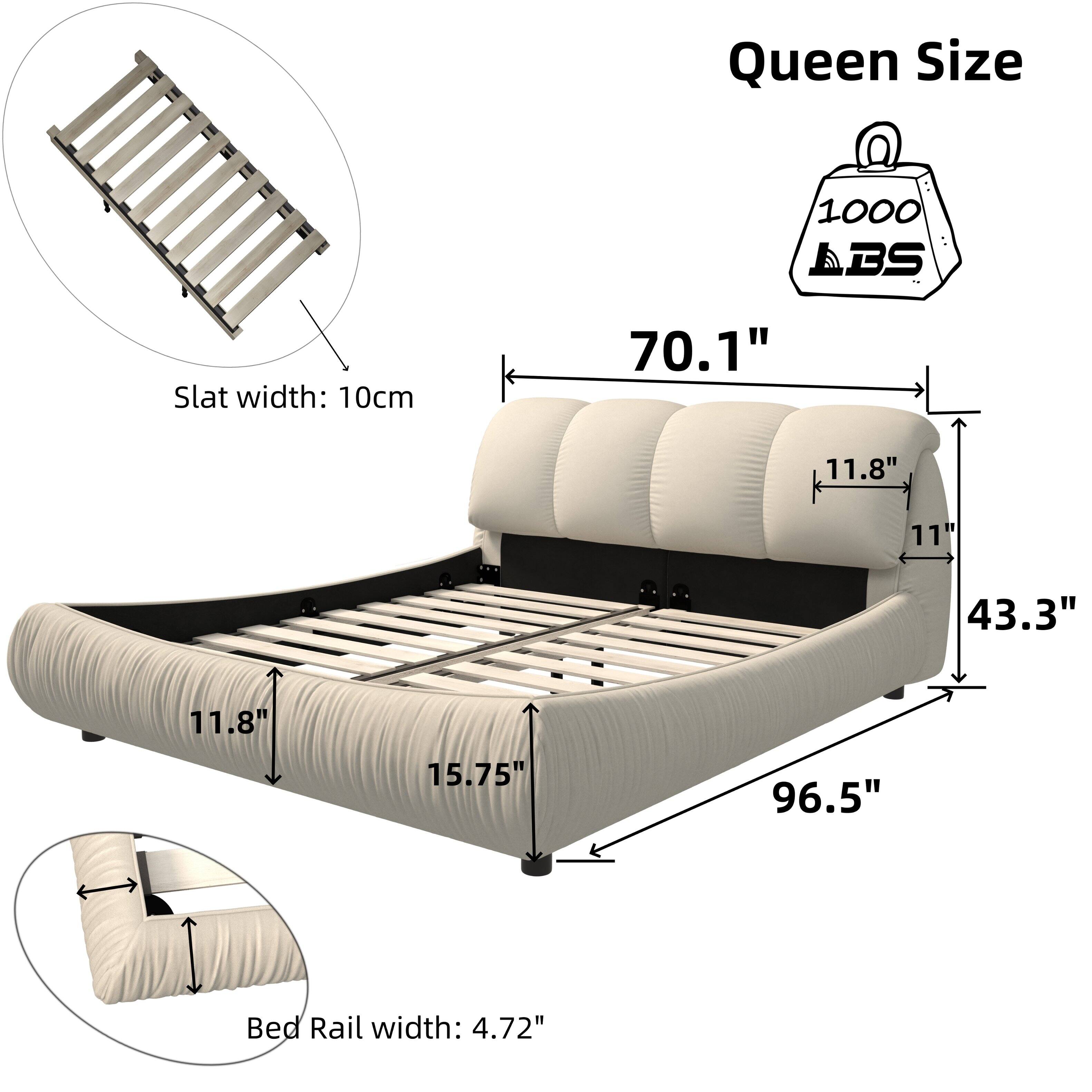Queen Size  
1000 ABS  
Slat width: 10cm  
70.1"  
11.8"  
11"  
43.3"  
11.8"  
15.75"  
96.5"  
Bed Rail width: 4.72"